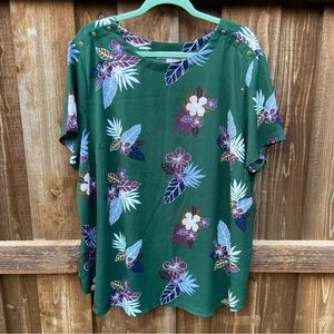 Loft Plus Green Floral Feather Print Blouse